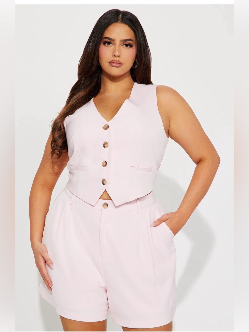 Fashion Nova Light Pink V-Neck Tailored Vest & High-Waist Shorts Set